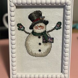 Festive Handmade Snowman Cross-Stitch in White Frame